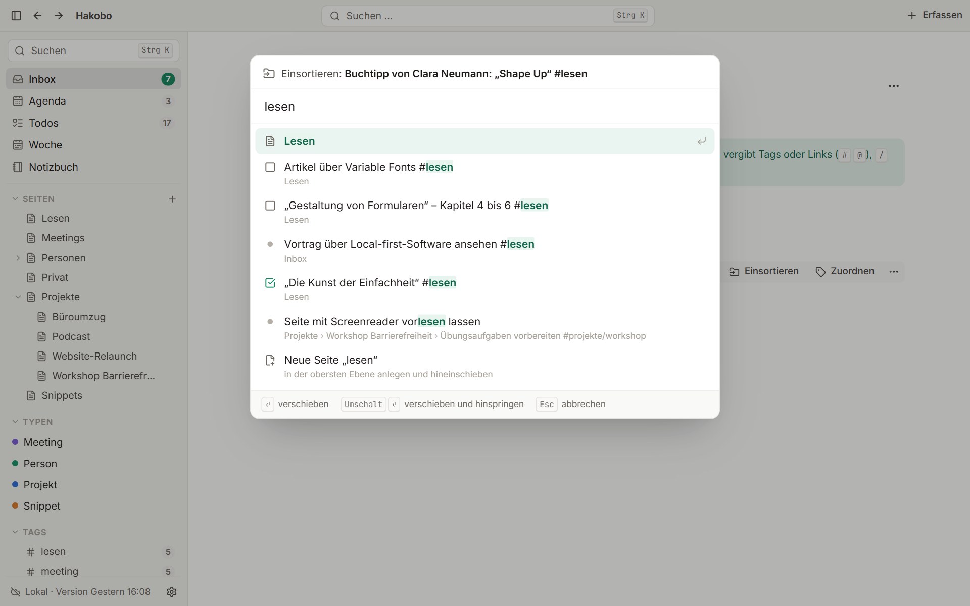 Der Dialog „Einsortieren“ für einen Buchtipp aus der Inbox mit der Seite „Lesen“ als erstem Ziel