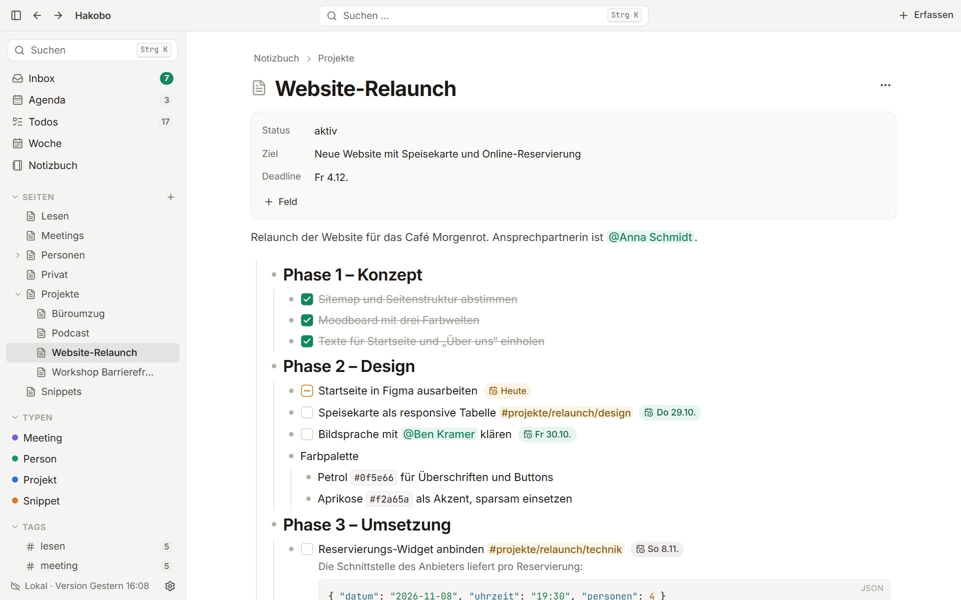 Eine Projektseite in Hakobo: Felder für Status, Ziel und Deadline, darunter die Gliederung mit erledigten und offenen Todos, Terminen, Personen und Tags