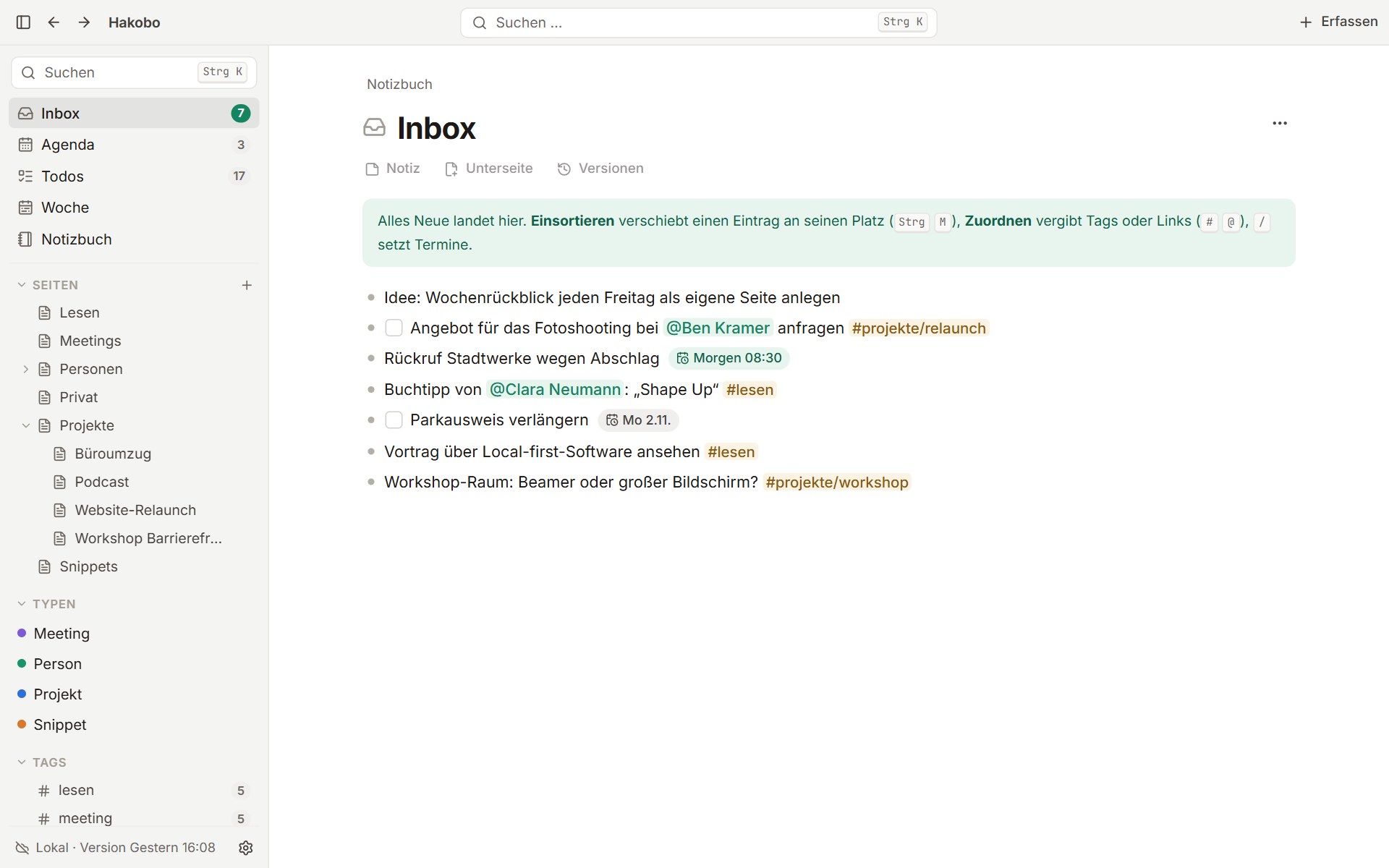 Die Inbox in Hakobo mit Ideen, Todos, einem Rückruf als Termin und Tags