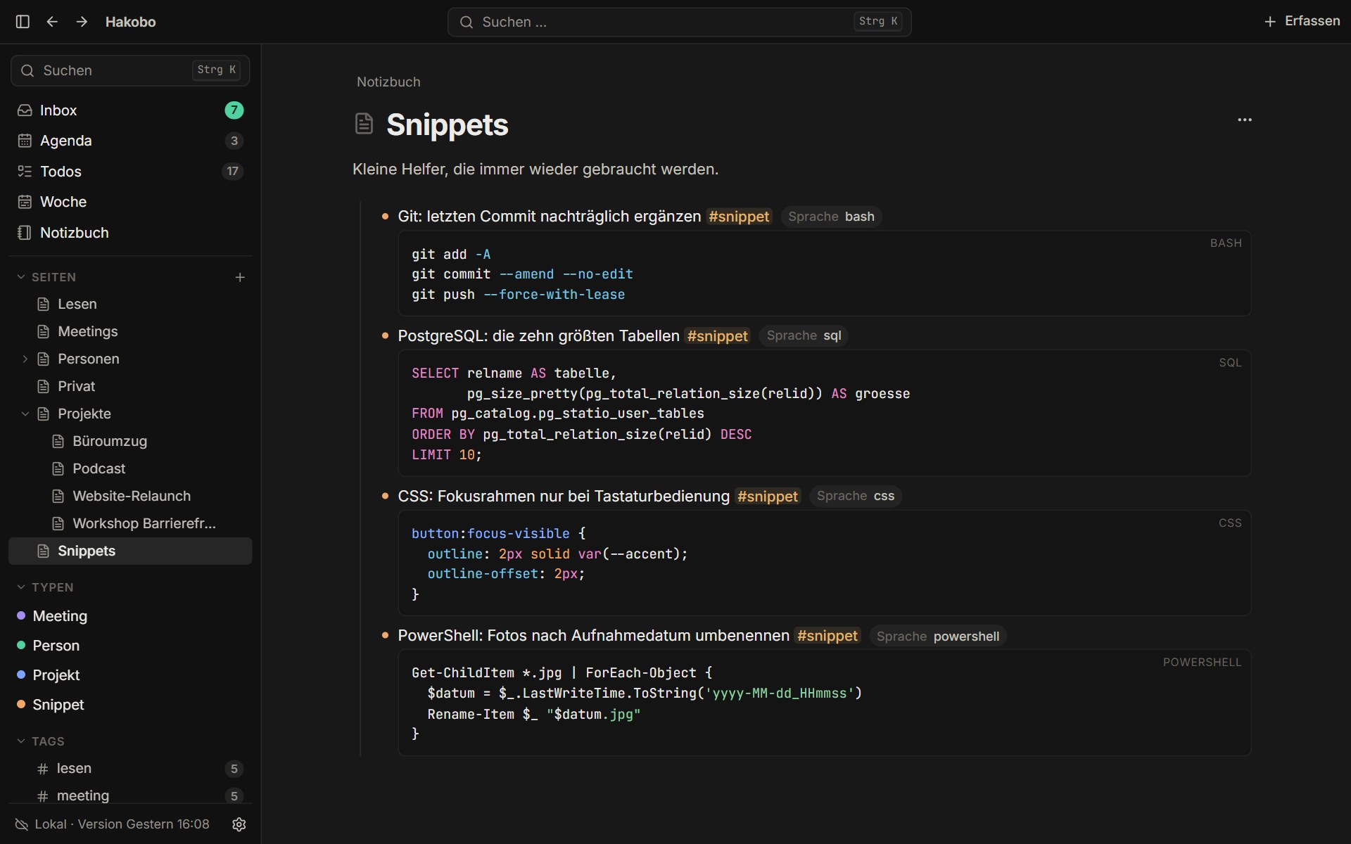 Die Seite „Snippets“ in Hakobo im dunklen Farbschema mit Codeblöcken in Bash, SQL, CSS und PowerShell