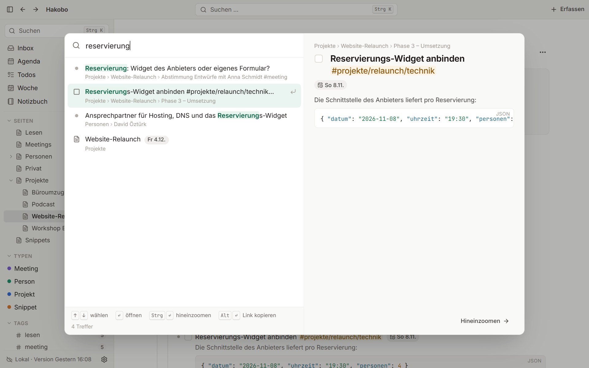 Die Suche in Hakobo mit vier Treffern zu „reservierung“ und der Vorschau eines Todos mit Codeblock