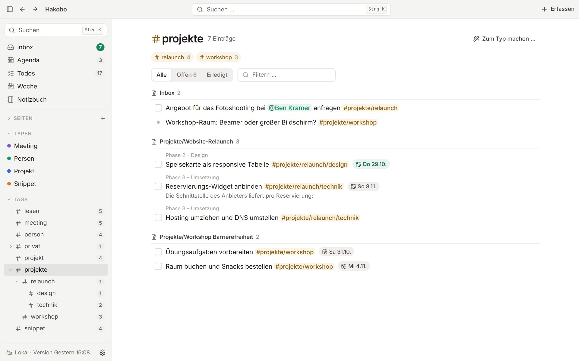 Die Ansicht des Tags „projekte“ mit den Unter-Tags relaunch und workshop und dem Tag-Baum in der Seitenleiste
